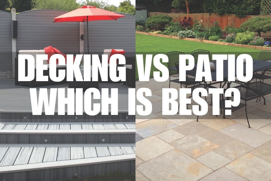 Collage image showing a garden decking and a patio